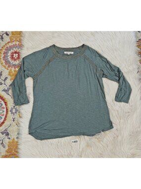Rose + Olive Womens Casual Shirt Lg Blue Gold Raglan 3/4 Sleeve Metallic Stretch